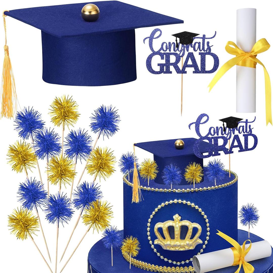 Ctosree 16 Pcs Graduation Cake Kit Graduation Cake Topper Included Felt Graduate Cap with Tassel Firework Cupcake Toppers Grads Cupcake Topper Diploma Decor for Wedding Graduate Party(Blue Gold)
