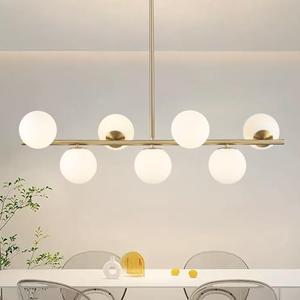 Gold Chandeliers for Dining Room Light Fixture, 7-Light Brass Linear Sputniks Chandelier with Glass Globe Shade, Mid Century Modern Chandelier Hanging Pendant Lights for Kitchen Island Living Room