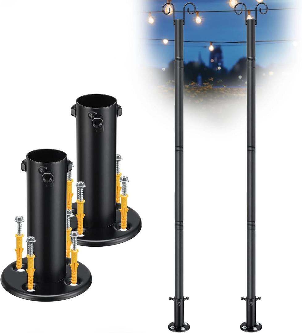 String Light Poles for Outside Deck 2 Pack 8FTHeavy Duty Metal Garden Outdoor Light Poles for Solar String Light Bulbs Hanging Kit for Yard Garden Fence Post Deck Party Wedding, Matte Black
