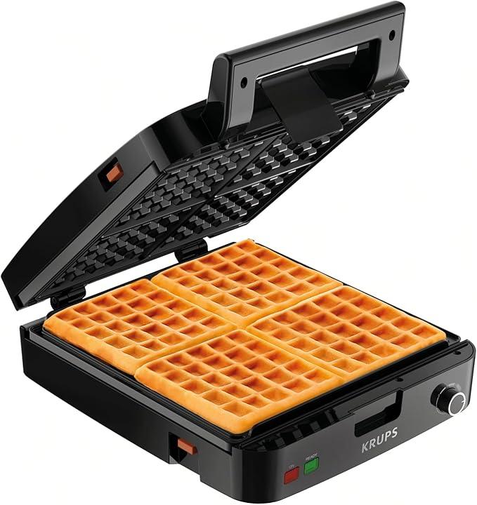 KRUPS 4Slice Belgian Waffle Maker: Stainless Steel, 5 Browning Levels, Audible Ready Beep, Removable Plates, 1200W, Silver/Black, Large Waffle Maker Family Size, Great for Family Breakfasts