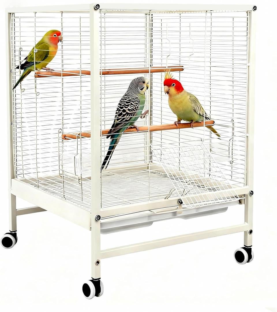 19x19x26 Inch Large Bird Cage for Parrots & Parakeets, Birdcages with Stand & Wheels, Easy Clean Slide Out Tray, Include Wood Perches, Feeder & Water Bottle for Cockatiel, Lovebird, Pigeon, White