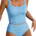 ZAFUL Womens Tankini Swimsuits Two Piece Tummy Control Bathing Suits Textured Tankini Swim Top with High Waisted Bottom (Blue, M)