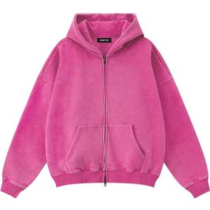 Vamtac Fleece Hoodies Double Zip Up Hooded Sweatshirt Oversized Heavyweight Vintage Acid Wash Hoodie Full Zipper Tops (Medium, Rose Pink)