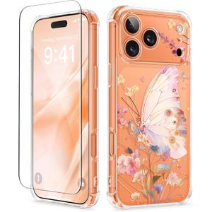 GVIEWIN for iPhone 17 Pro Max Case, with Screen Protector+Full Camera Protection, [NonYellowing] Clear Floral Slim Shockproof Protective Women Phone Case for iPhone 17 Pro Max 6.9", Magic Butterfly