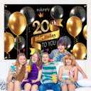 Happy 20th Birthday Backdrop Banner - 20 Birthday Party Decorations Supplies for Men - Black Gold 3.9 x 5.9ft