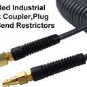 YOTOO Polyurethane Recoil Air Hose 3/8" Inner Diameter by 50' Long with Bend Restrictor, Repairable 1/4" Industrial Quick Coupler and Plug, Gray