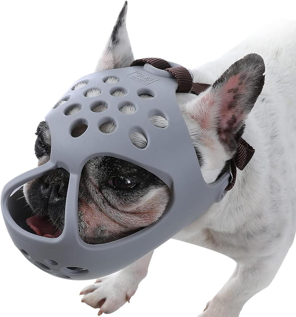 BARKLESS Dog Muzzle for Short Snout, Soft Frenchie Muzzle for Biting, Chewing, Licking for French Bulldogs Boston Terriers, Ideal for Flat-Faced Aggressive Dogs Grooming Walking, Allows Drinking, (Size Small, Grey)