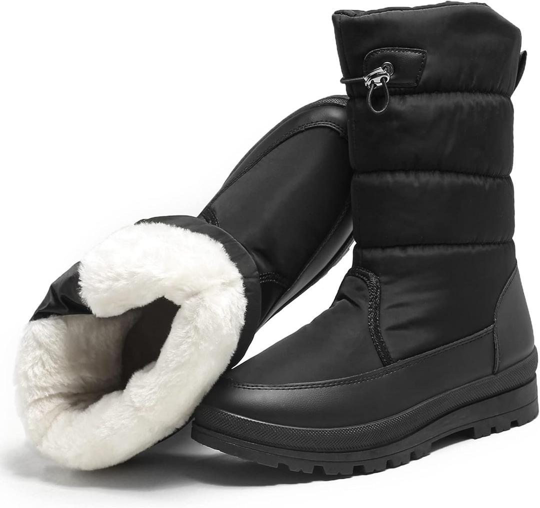 HYPOCRUTE Women's Warm Snow Boots with Fur Lined Black and White Wide Winter Boots Water-resistant Mid Calf Boots for Hiking,Working,Outdoors (9)