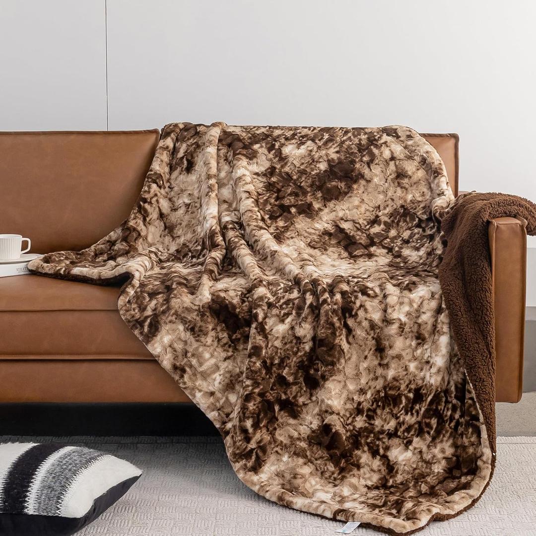 Super Soft Faux Rabbit Fur & Fleece Sherpa Throw Blanket - Ultra Soft Reversible Brushed Tie-dye Throw Blanket for Sofa, Bed and Couch, White, Taupe, 50"x60"