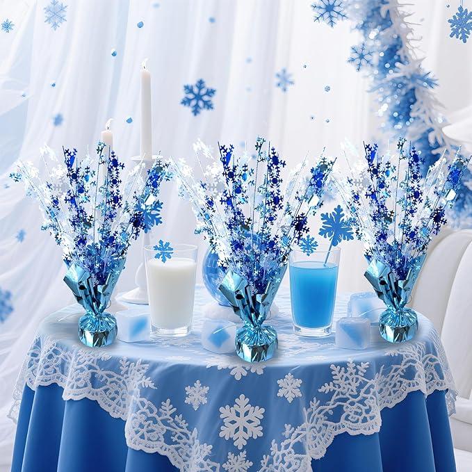 2 Pack Winter Wonderland Snowflake Table Decoration Metallic Blue White Glitter Foil Spray Tabletop Centerpieces for Winter Christmas Xmas Frozen Birthday Wedding Baby Party Supplies Decor