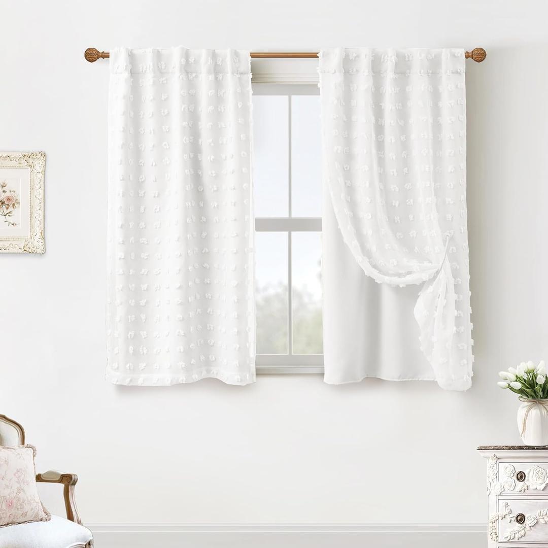 Pack of 2 Bathroom Curtains Window,Short White Boho Pom Pom 60% Backout Farmhouse Privacy Curtain for Small Bedroom Kitchen Windows 45 Inch Length (34"W x 45"L , White 