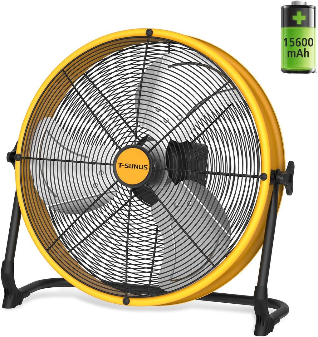 T-SUNUS 16" Battery Powered Floor Fan, 15600mAh Rechargeable Cordless Fan 2500 CFM High Velocity Airflow, Quiet Brushless Motor, 360 Adjustable Tilt for Home Garage Outdoor Patio RV Emergency Camping