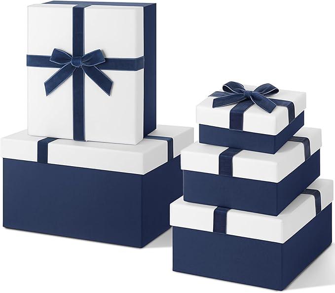 Cholemy Valentine 5 Pcs Luxury Nesting Gift Boxes with Lid and Velvet Ribbon Assorted Size Decorative Box Wrap for Present Wedding Graduation Birthday Anniversary Party Favor(Navy Blue)