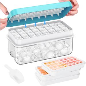 PHINOX Ice Cube Tray with Lid and Bin, 3 Pack Plastic Ice Cube Tray Molds, 96(4 * 8 * 3) pcs Ice Trays for freezer, Chilling Drinks, Whiskey & Cocktails, with Ice Container and Ice Scoop, BPA-Free (Blue)