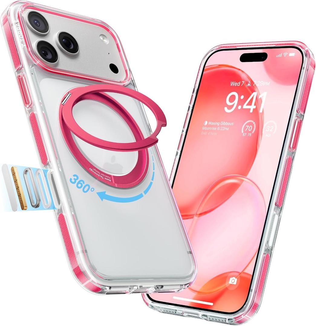 TORRAS 360 Magnetic Stand for iPhone 17 Pro Case, [Rotatable Sturdy Kickstand][Fit for MagSafe][4X MilGrade Shockproof] Slim Transparent Phone Cover, Camera Button, Crystal Pink, Ostand O3 Fitness