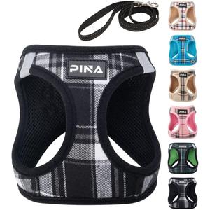 PINA Dog Harness and Leash Set for Small to Medium Dogs - No Pull, No Choke Breathable Mesh Vest - Lightweight, Adjustable, Easy to Put On and Take Off (M (Neck:13-16" , Chest:17-18"), Gray Plaid)