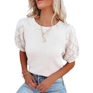 Spring Short Sleeve Sweaters for Women Puff Sleeve Lightweight Sweater Tops Dressy Casual (White, L)