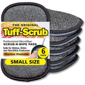 Original Scrub-N-Wipe Pad by Tuff-Scrub, 6-Pack, Microfiber, Multi-Surface, Non-Scratch, Dual-Sided, Scrubber for Dishes, Sinks, Non-Stick Cookware  Machine Washable, Durable Kitchen Sponge (Small)