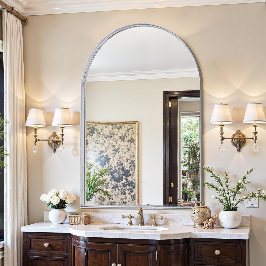 Arched Mirror 26"x38", Bathroom Mirror, Wall Mounted Vanity Mirror with Arch Metal Frame for Bathroom, Over Sink, Bedroom, Living Room, Deep Frame, Silver