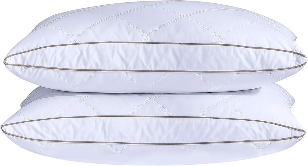 Puredown Natural Goose Down Feather Pillows for Sleeping Oval Gusseted Feather Down Pillow 100% Cotton Pillow Cover with Leaf Quilting King Set of 2