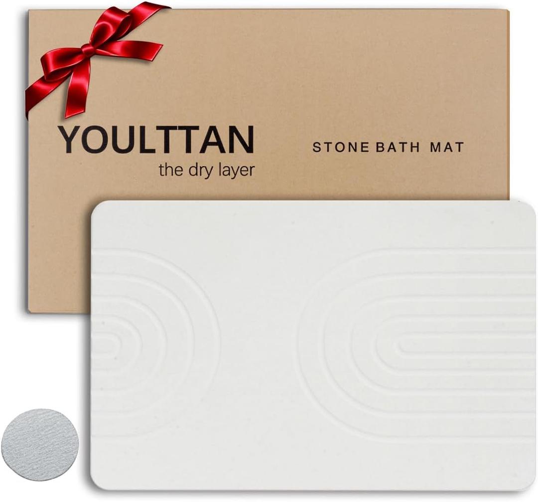 Stone Bath Mat 24"x16" - Diatomaceous Earth Shower Mat, Quick Dry, Anti-Slip, Modern Design with Bonus Non-Slip Pad - Perfect for Home Safety and Style, White, Semicircle