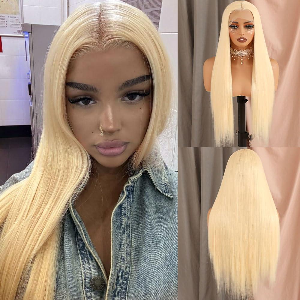 Aubree 613 Blonde Lace Front Wig Long Straight Hair Heat Resistant Fiber Blonde Synthetic Wigs Glueless Pre-plucked Natural Frontal Lace Wigs for Black Women Daily & Cosplay Wear