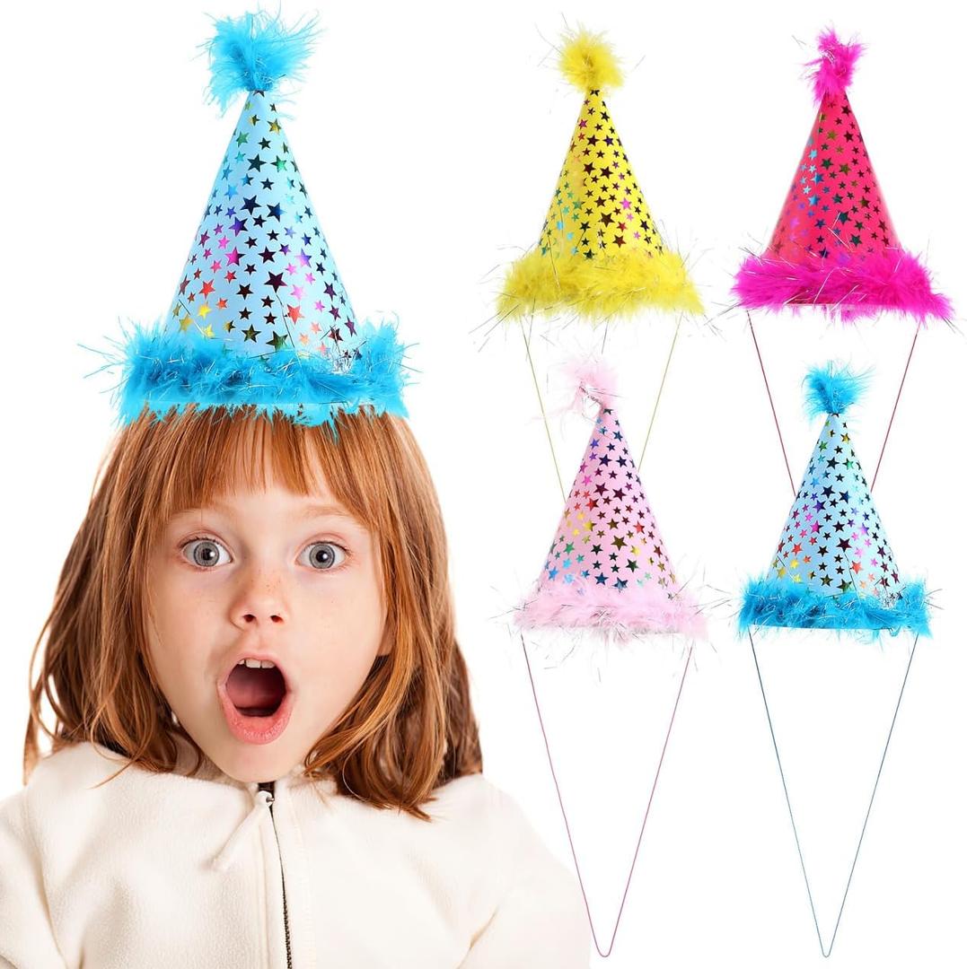 2 x 4 Pack Cloth Cone Party Hats Stars Birthday Party Hats for Kids Supplies and Photo Props for Birthday Celebrations Baby Showers Family Gatherings