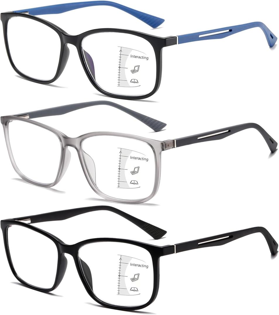 3 Pack Progressive Reading Glasses Men Near-range Workspace Sport Blue Light Blocking Reader TR90 Spring Hinge