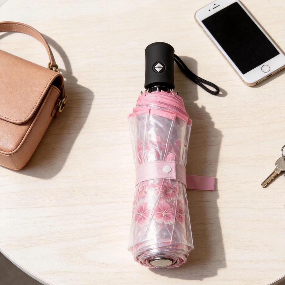 Clear Folding Umbrella 11-Inch, Compact Transparent with Pink Cherry Blossom Design, Windproof for Rainy Days, Suitable for Daily Outdoor Use for Men & Women