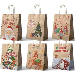 Tenceur 60 Pcs Christmas Gift Bags Bulk 12 Designs Holiday Kraft Paper Goody Treat Candy Bags with Handles Reusable Small Party Favors Wrapping for Xmas New Year Wedding Birthday Party Supplies