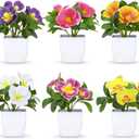 Artificial Pansy Flowers in Pots (6 Pack) - 5.9" Mini Fake Potted Plants with Small Plastic Pots, for Home Decor, Wedding, Office, Table DecorDesk, Patio Decoration