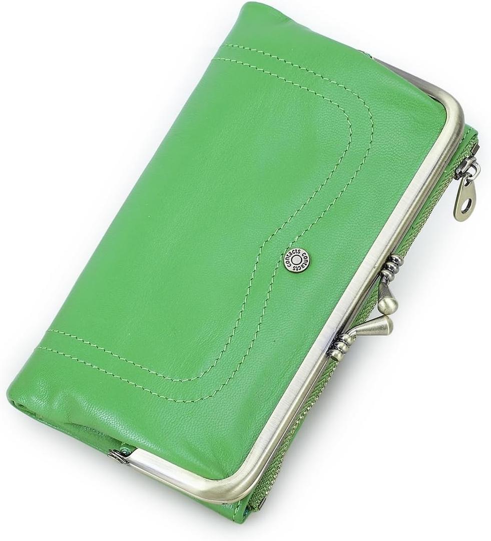 CONTACTS Full Grain Goat Leather Kiss Lock Wallet for Women Vintage Clutch Wallet with Rfid Blocking Zipper Coin Purse (Green)