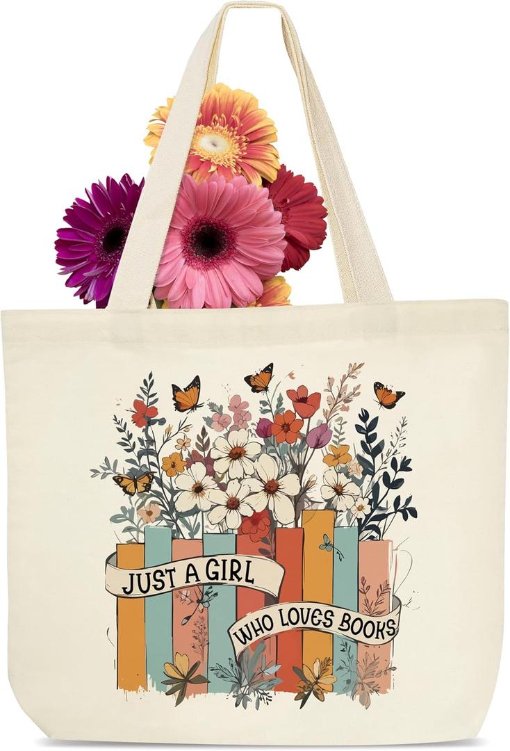 Women's Canvas Tote Bags, Cute Book Tote Bag, Library Tote Bag, Book Lovers Gifts, Canvas Grocery Bags With Handles, Tote Bags With Flowers And Butterflies, Christmas Gift For Readers-35
