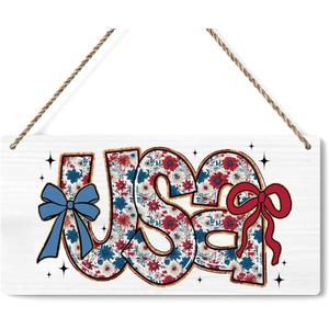 Bow 4th of July Decor Patriotic Decor Front Door Sign for Memorial Day Independence Day Office Home Porch Bedroom Outdoor Wall Hanging Decoration