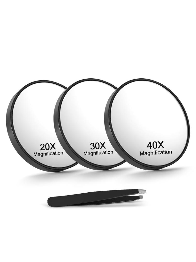 20X/30X/40X Magnifying Mirror with Suction Cups and Tweezers Set, 3.5 inches Travel Magnified Makeup Mirror, Black, 3PCS
