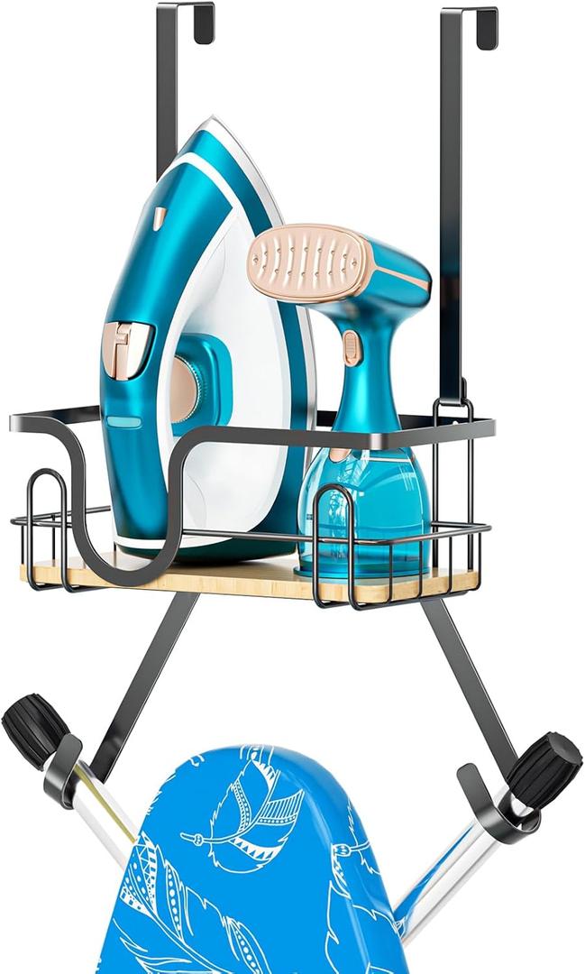 XILIMEN Over The Door & Wall Mount Ironing Board Hanger, Ironing Board Holder with Storage Basket, Iron Holder for Hotel Rooms, Home Laundry Rooms, Utility Rooms, Closets (Black)