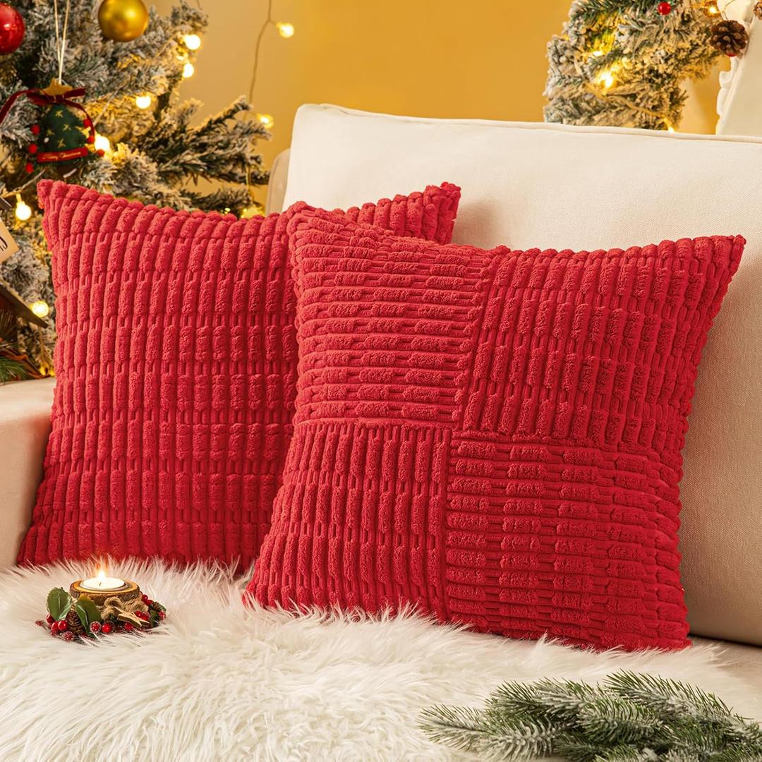 Softalker Throw Pillow Covers 18x18 Inch Set of 2, Soft Red Decorative Striped Corduroy Pillow Covers for Winter Christmas Thanksgiving Home Decor, Couch Living Room Sofa, Red