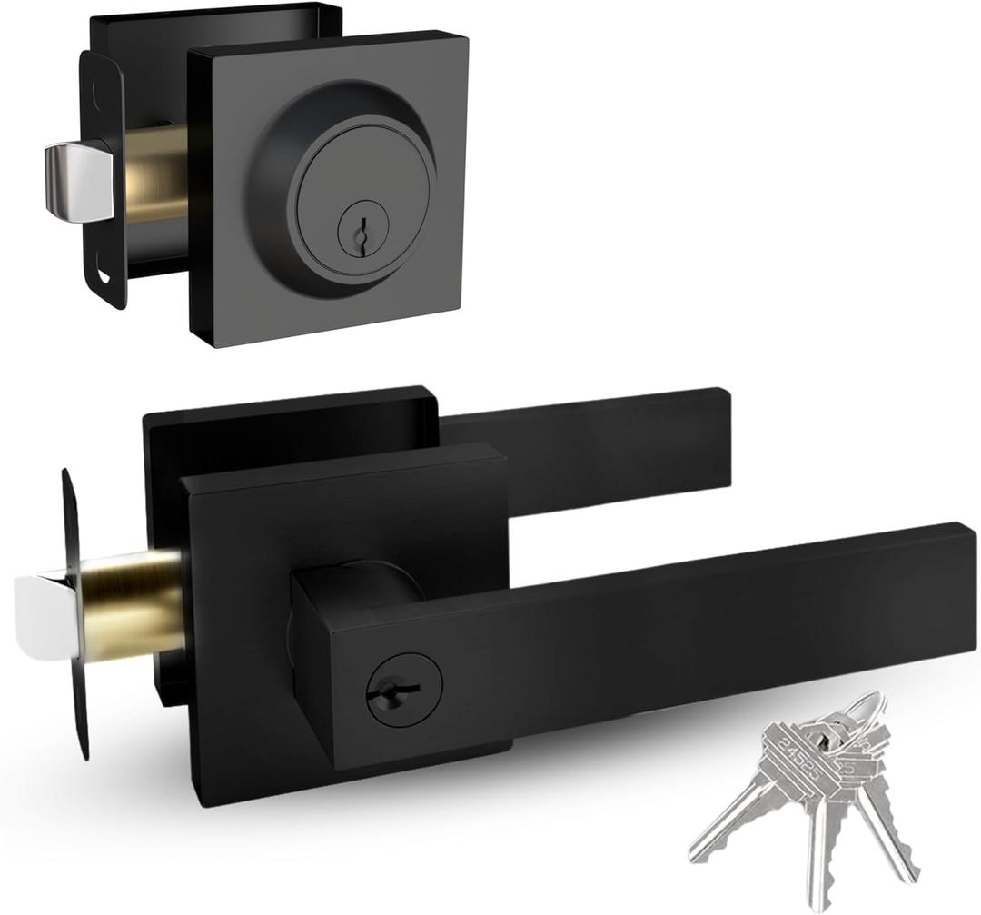 Mega Handles ROBELL Entrance Combo, Entry Lever Door Handle & Single Cylinder Deadbolt Lock & Key Combo Pack, Heavy Duty Square Locking Door Levers Set for Left or Right-Handed Doors - Matte Black (Charcoal)