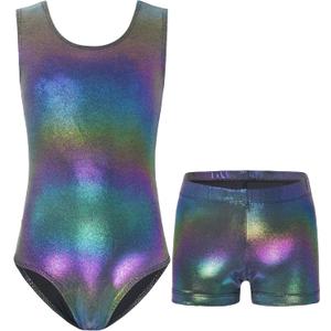 Nymphperi Girls Gymnastics Leotards 2 Piece Shiny Sleeveless Bodysuits with Sparkly Breathable Shorts Suit