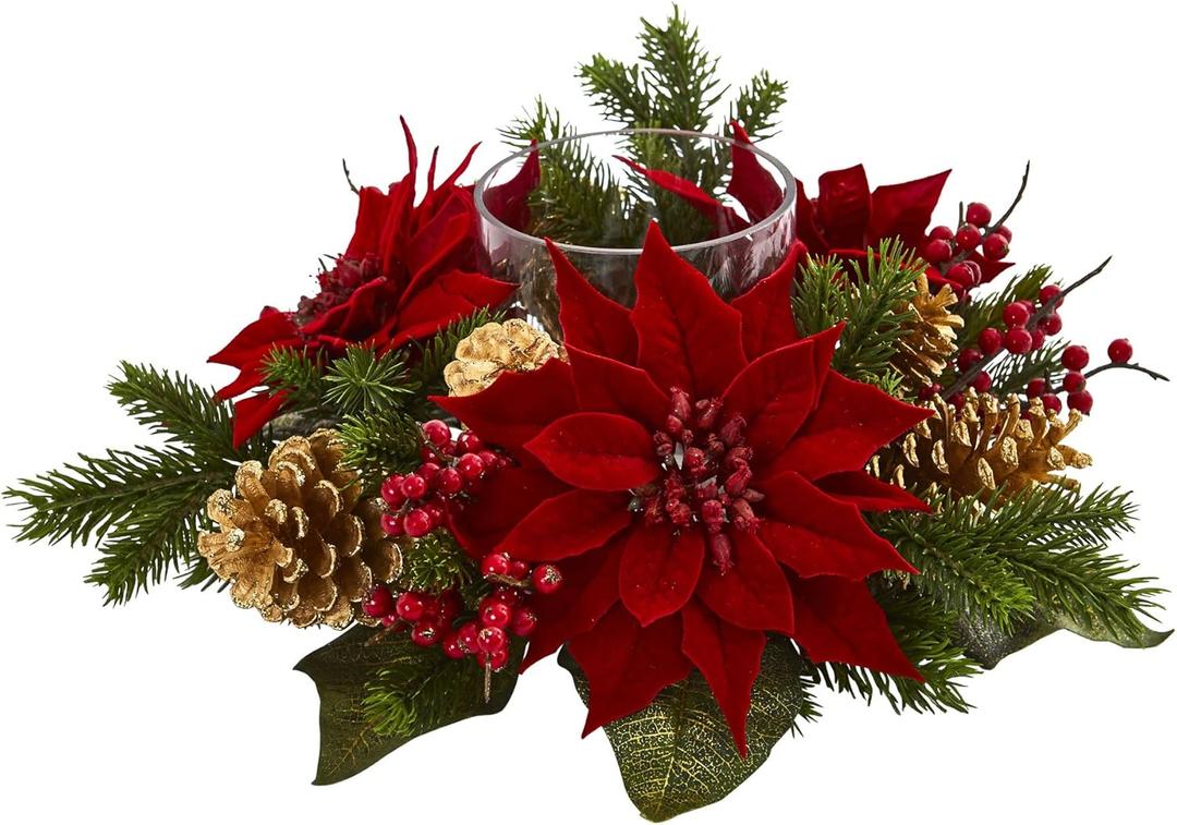 Nearly Natural Poinsettia, Berry and Golden Pine Cone Candelabrum Artificial Silk Arrangements Red 6"D x 14"W x 14"H