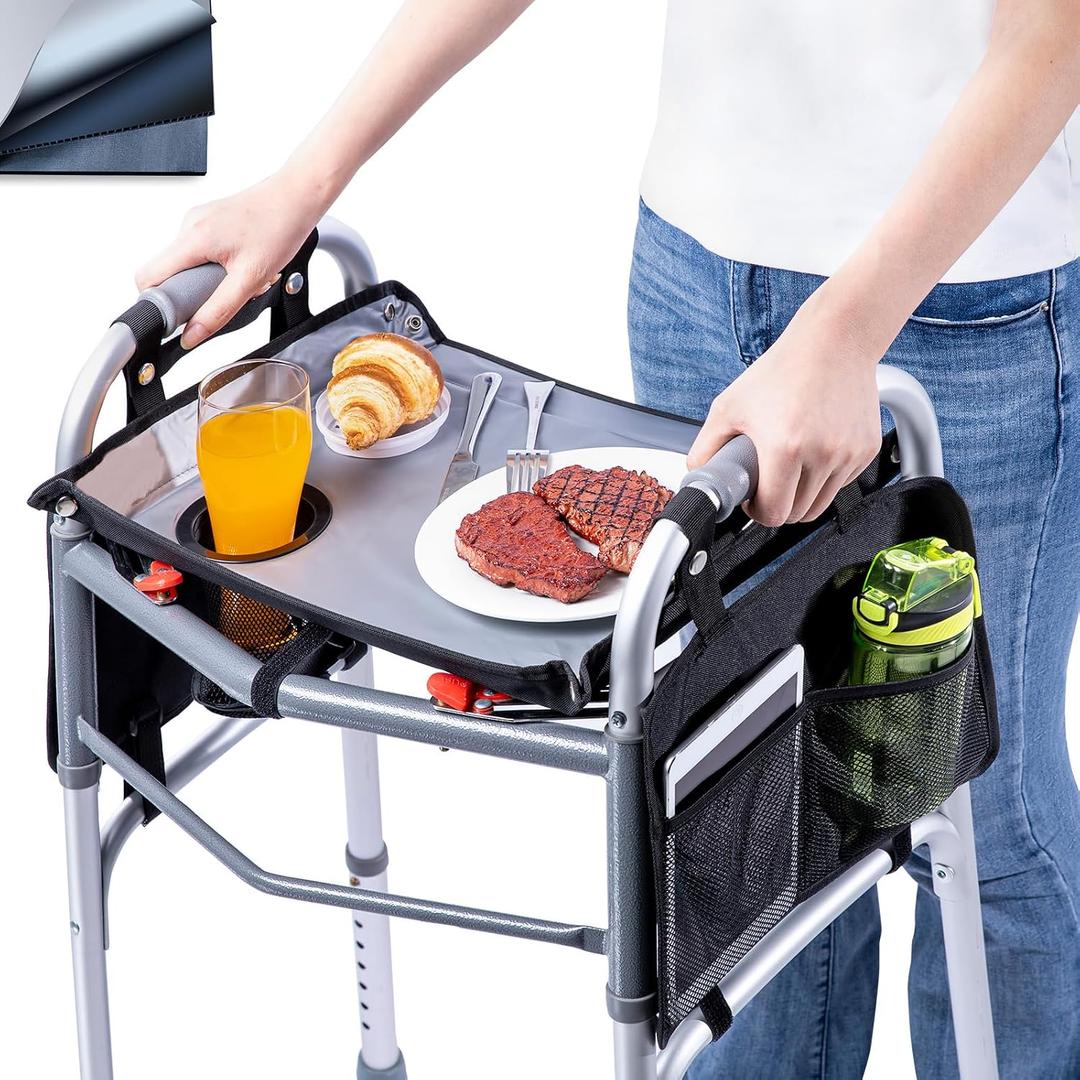 BAGSFY Walker Tray w/Side Pocket for Folding Walkers Walker Accessory for Seniors with Cup Holder, Non-Slip Mat, and Easy Installation Universal Fit Walker Table for Meals, Drinks, Reading