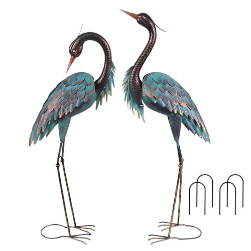 YEAHOME Garden Decor Outdoor Statues, 40"/37" Large Metal Heron Standing Yard Art, Blue Crane Lawn Sculptures Garden Decor for Outside Patio Porch Backyard, Pack of 2