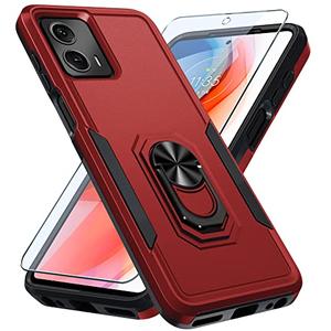 Janmitta Compatible with Moto G 5G 2023 Case with Screen Protector,Heavy Duty Shockproof Full Body Protective Cover Built in Rotatable Metal Ring Holder Kickstand,Red, Set of 2