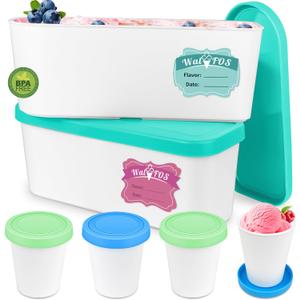 Walfos Ice Cream Containers for Homemade Ice Cream - 1.6 Quart & 8 oz. Set, Bonus Sealing Bands Keeping Silicone Lids Airtight, Reusable Ice Cream Tubs, Stackable Freezer Storage Container - Blue