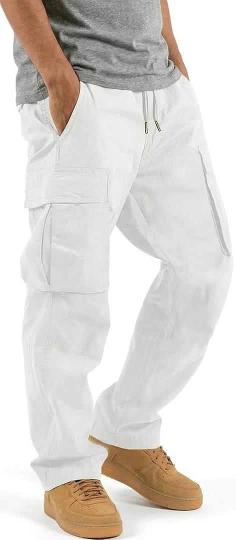 HUNGSON Mens Cargo Pants Drawstring Casual Hiking Pants Joggers Athletic Trousers Cotton Loose Straight Sweatpants for Men (30, White)