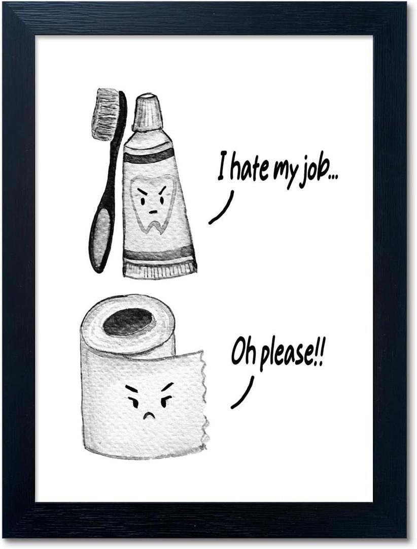 Kids Bathroom Decor Cute Children's Bathroom Wall Art Funny Canvas Print Framed Modern Black and White Picture Artwork for Guest Restroom (14"L x 11"W, J003)