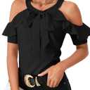 Rooscier Women's Cold Shoulder Tie Knot Round Neck Short Sleeve Ruffle Blouses Shirts Top (XS, Black)