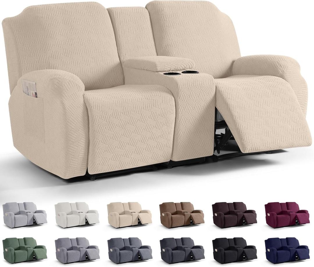 KinCam Loveseat Recliner Covers with Middle Console Slipcover, Recliner Sofa Covers 2 Seat Couch Cover Stripe Jacquard Furniture Protector Covers with Elastic Bottom for Kids, Pets (Vanilla)