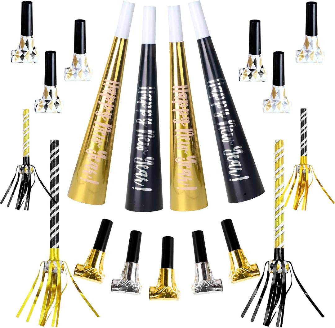 50pcs New Years Eve Decorations Black, Gold & Silver Party Blowers, New Years Eve Party Supplies 2026 Noisemakers for Adults Nye Decorations