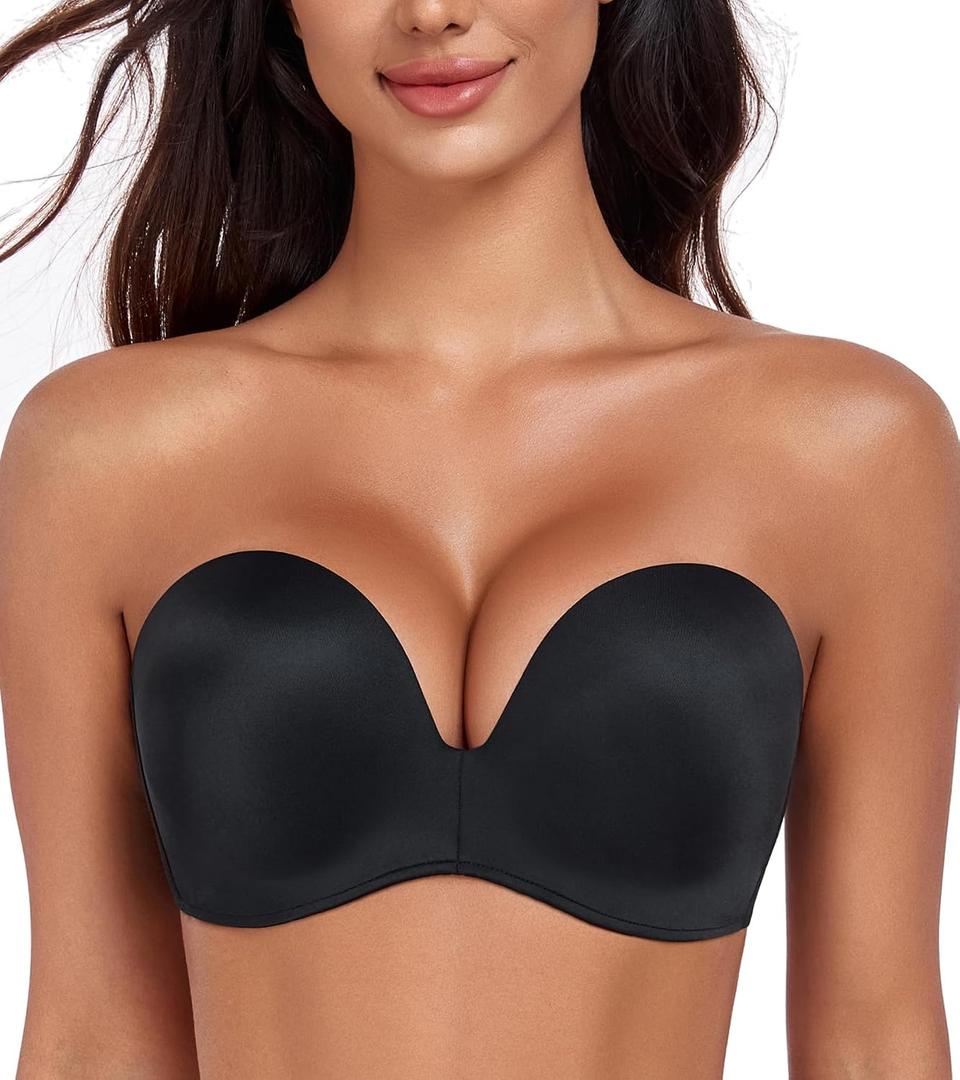 HACI Push Up Strapless Bra for Women Anti-Slip Padded Wireless Invisible (Pure Black, 34DD)